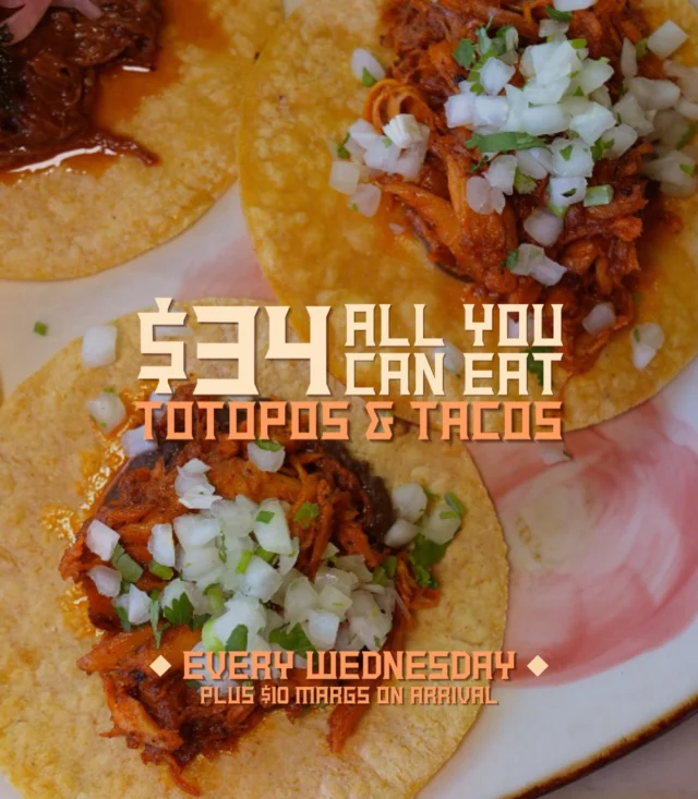 🌮 AYCE WEDNESDAYS 🌮
$34pp unlimited Tacos & Topopos plus $10 margarita on arrival. From 5pm every Wednesday.
•
Bookings recommended. Walk-ins welcome, but not guaranteed. 
•
Book your table now through the link in our bio 🌵

#ayce #bottomless #tacos #mexican #sydney